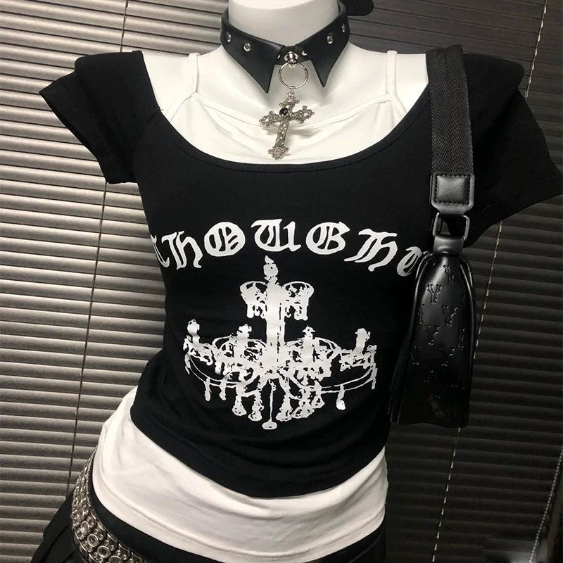 Black American Vintage Crown Print Fake Two-Piece Y2K T-Shirt