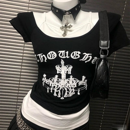 Black American Vintage Crown Print Fake Two-Piece Y2K T-Shirt