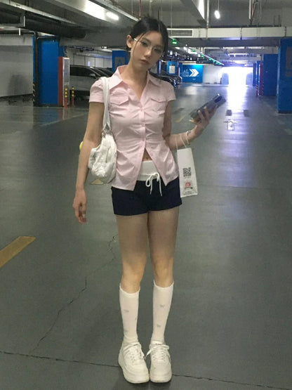 Korean Fitted Pink Short Sleeve Shirt Slim Waist Feminine Blouse