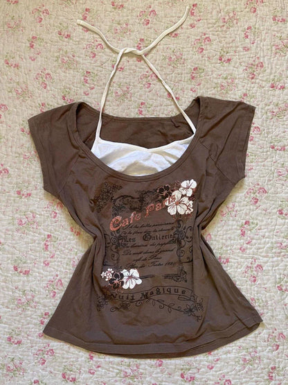 Camel Fake Two-Piece Subculture Y2K E-girl Abi American Retro Halter Short Sleeve Top