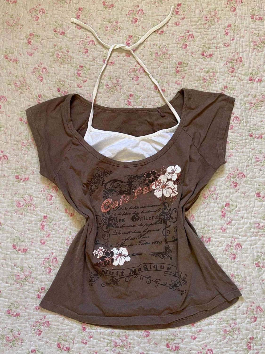 Camel Fake Two-Piece Subculture Y2K E-girl Abi American Retro Halter Short Sleeve Top