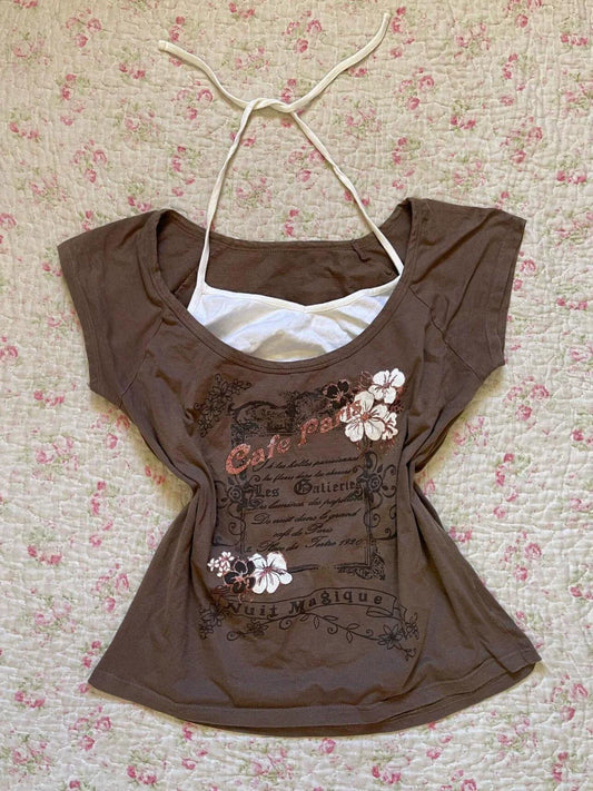 Camel Fake Two-Piece Subculture Y2K E-girl Abi American Retro Halter Short Sleeve Top