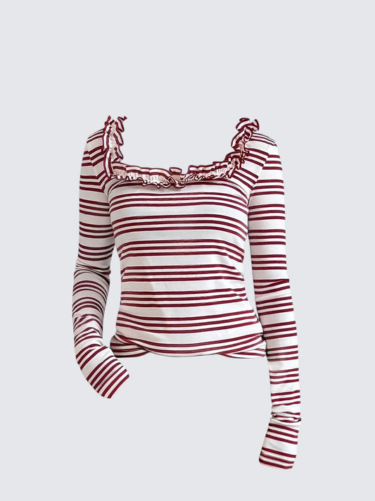 Lace U Neck Striped Tee Women