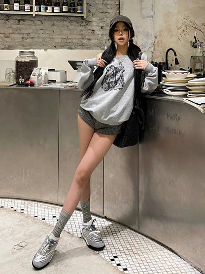 American Hot-Girl Gray Off-Shoulder Sweatshirt Dog Print Long Sleeve