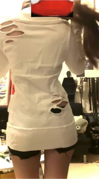 Distressed Zipper Hoodie Subculture Y2K Shibuya Girl Japanese Brand Retro Vintage Visual-Kei Slim Jacket