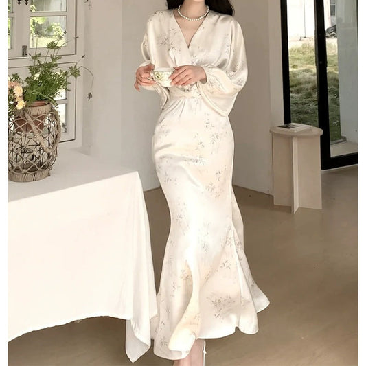 New Chinese Style Long Sleeve White Satin Gown Dress – National Elegant Dress
