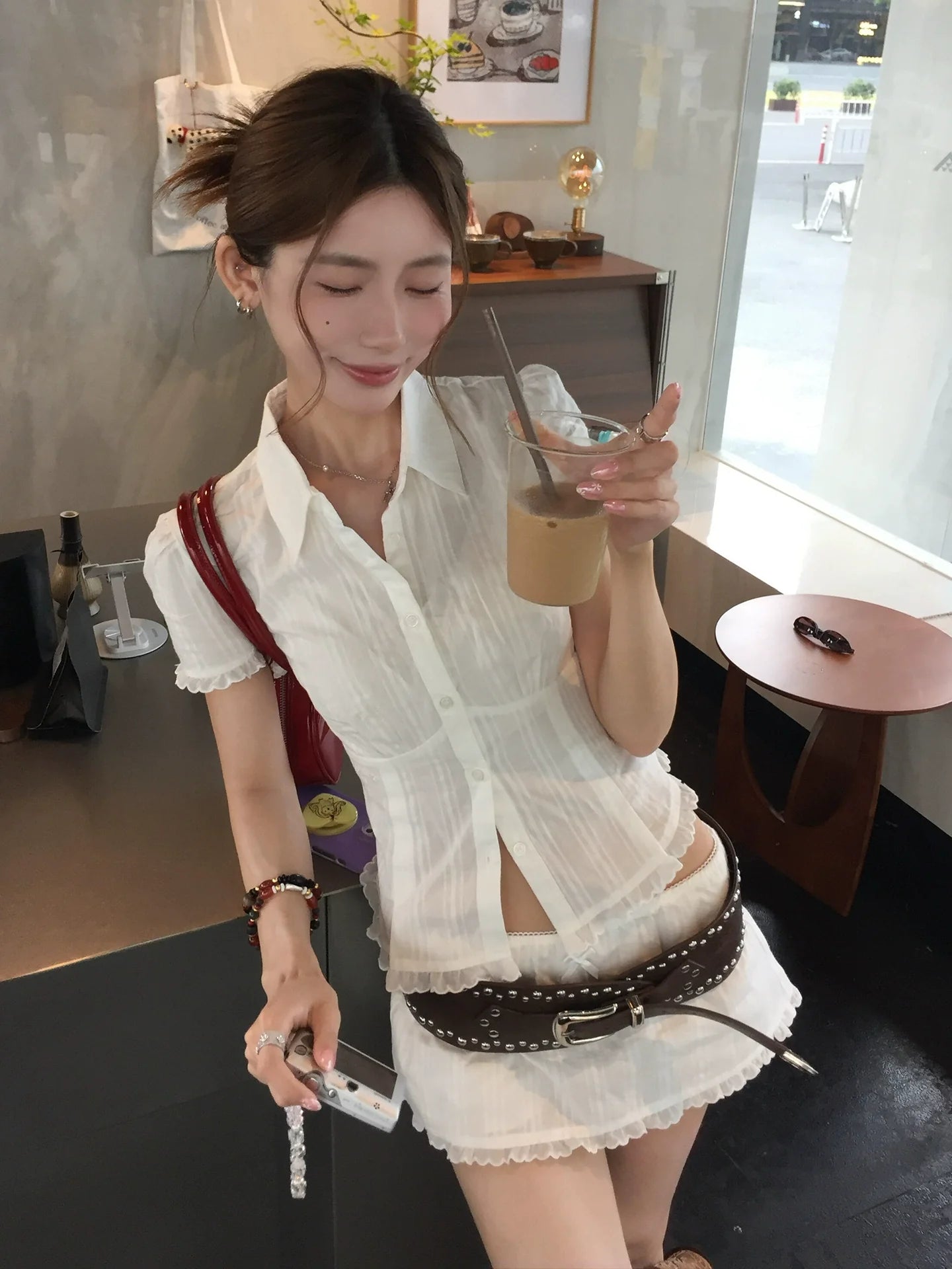 Preppy White Fitted Shirt  Structured Shoulder Waist-Cinched Short Sleeve Top