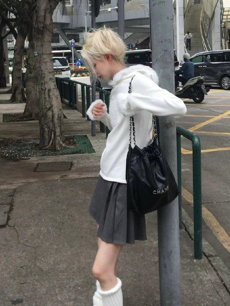 White Plush [German Velvet Warm] Subculture Y2K E-girl Abi American Retro Light Subculture Hooded Sweatshirt