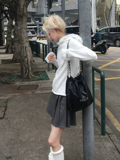 White Plush [German Velvet Warm] Subculture Y2K E-girl Abi American Retro Light Subculture Hooded Sweatshirt