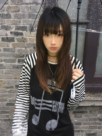 Y2K Dark Note Stripe Long Sleeve Top for Autumn