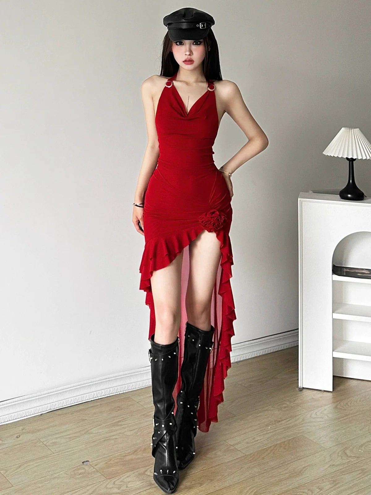 Soft Elegant Cowl-Neck Halter Sleeveless Ruffled Panel Figure-Flattering Asymmetrical Dress