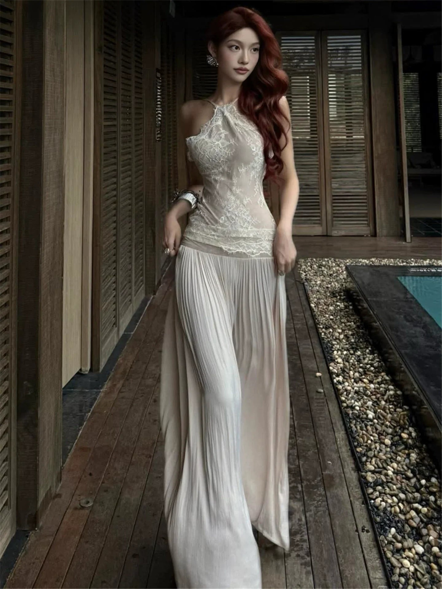 High-End Lace Paneled Backless Slip Dress