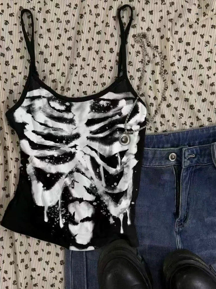 White Skeleton Print Light Subculture Y2K Tank Top