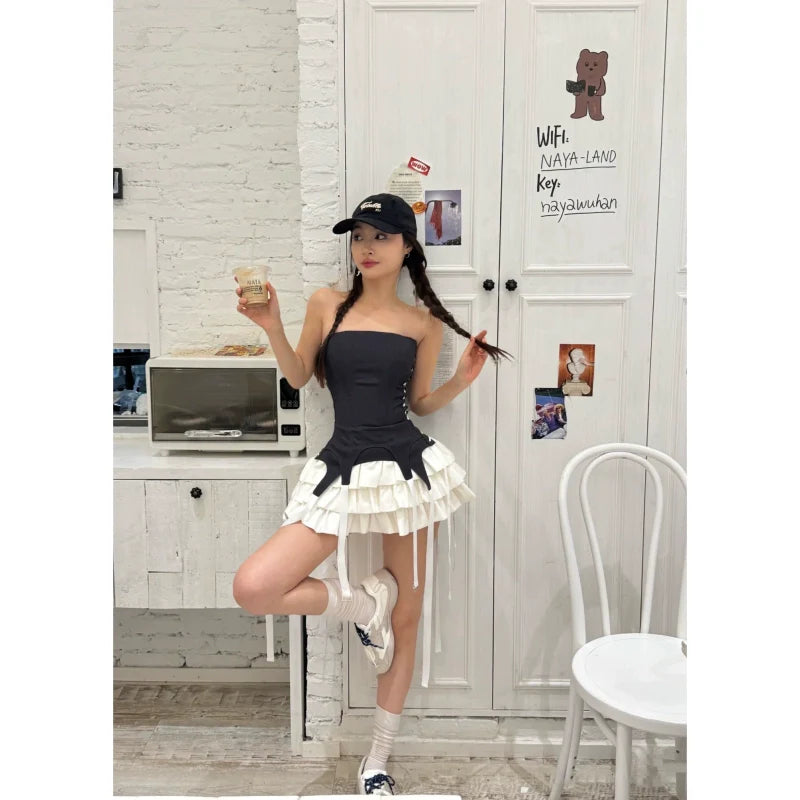 American-Style Tube-Top Sexy Tiered Fake Two-Piece Petite-Friendly Summer Mini Dress