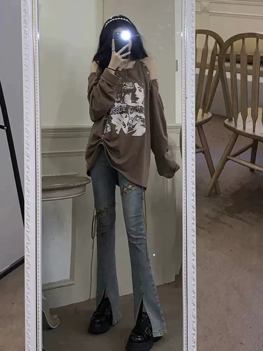 Khaki Subculture Punk Y2K E-girl Print Off-Shoulder Niche Oversized Hoodie