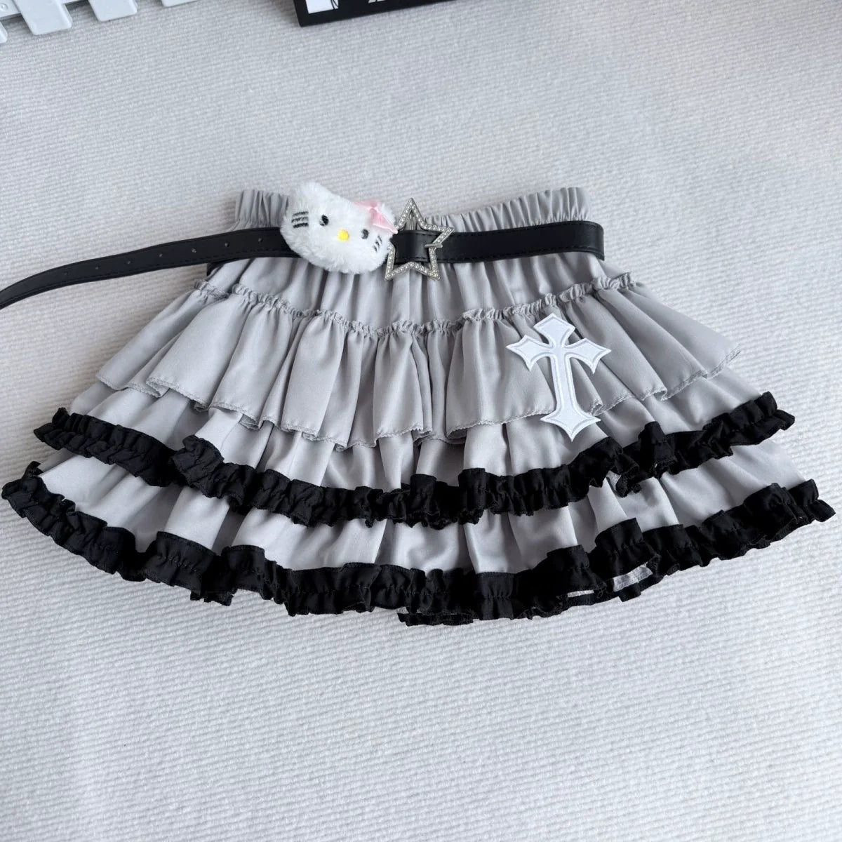 Solid Gray Midi Skirt [No Belt, Cross Detail] Subculture Rock Punk Y2K E-girl Abi American Retro Anti-Slip Layered Cake Skirt