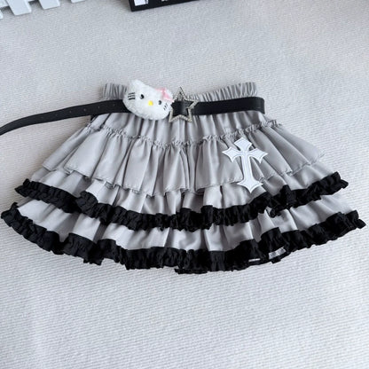 Solid Gray Midi Skirt [No Belt, Cross Detail] Subculture Rock Punk Y2K E-girl Abi American Retro Anti-Slip Layered Cake Skirt