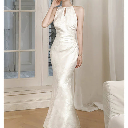 Chinese Satin Halter Mermaid Cheongsam Gown Dress
