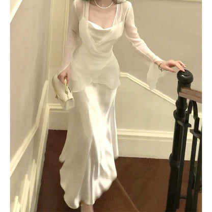 Silk Cardigan Satin Spaghetti Strap Gown Dress Set