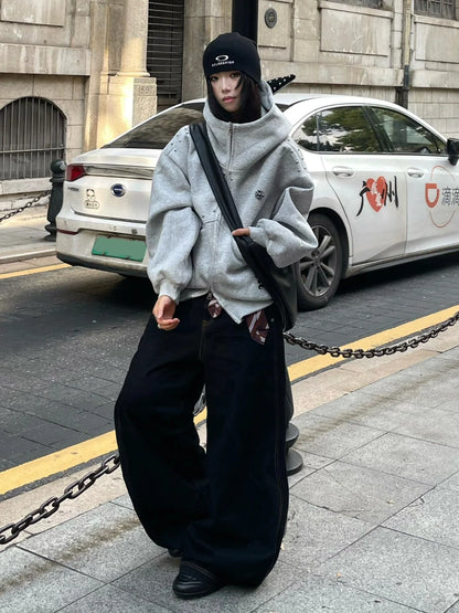 Retro Doberman Studded Zip Up Hoodie Loose Fit Streetwear Top