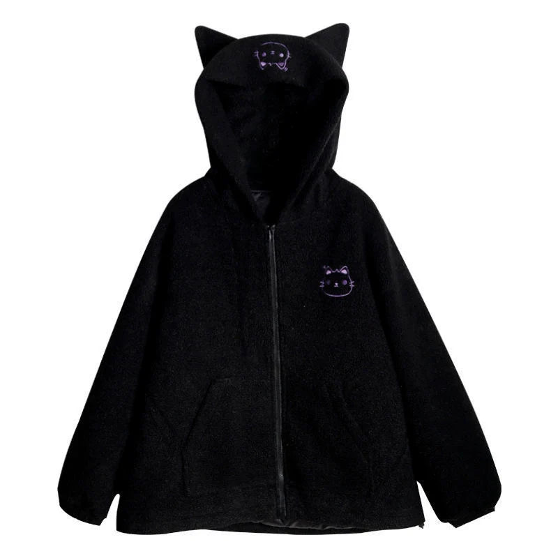 Black Y2K Japanese Anime Cat-Ear Hooded Faux Lamb Puffer Jacket