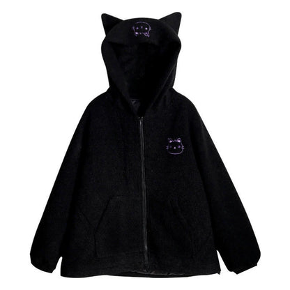 Black Y2K Japanese Anime Cat-Ear Hooded Faux Lamb Puffer Jacket
