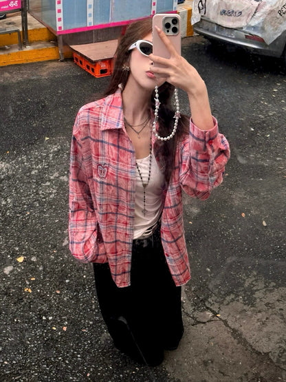 Retro Plaid Embroidered Shirt Apple Stitch Detail Overshirt