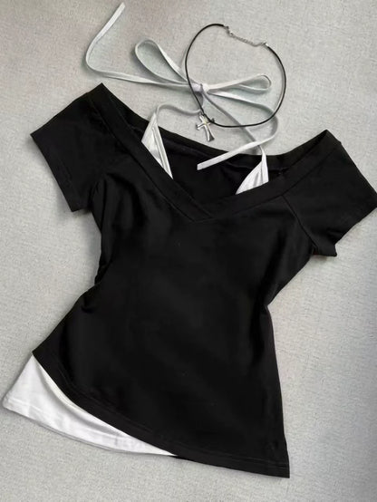 Apricot Subculture Y2K E-girl Abi American Retro V-neck Fake Two-Piece Halter Short Sleeve Top