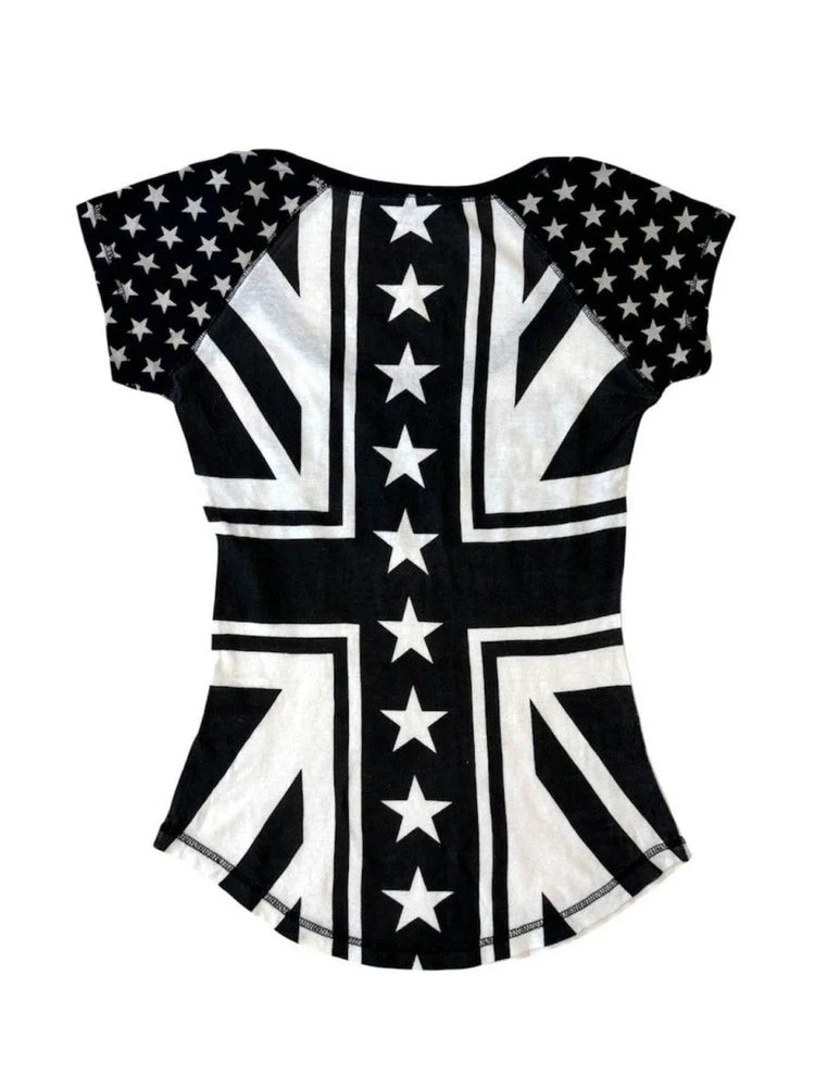 Star Print Asymmetrical Subculture Y2K E-girl Light Subculture American Retro Star Print Short Sleeve Top