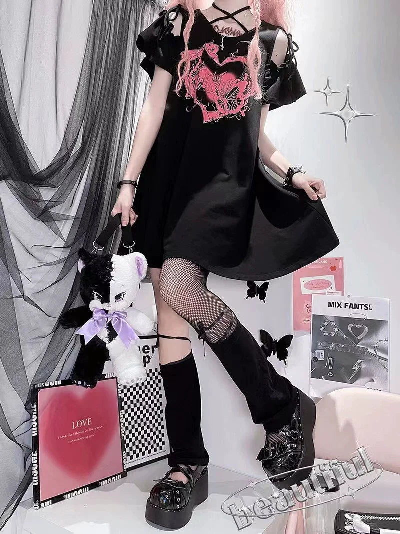 Black Subculture Y2K E-girl Ash Heart Bow Off-Shoulder Print T-shirt Dress
