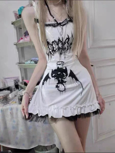 Black Demon Camisole Dress Subculture Punk Y2K E-girl Retro Lace Trimmed Summer Dress