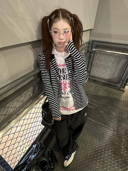 Retro Black White Striped Knit Cardigan Loose Fit