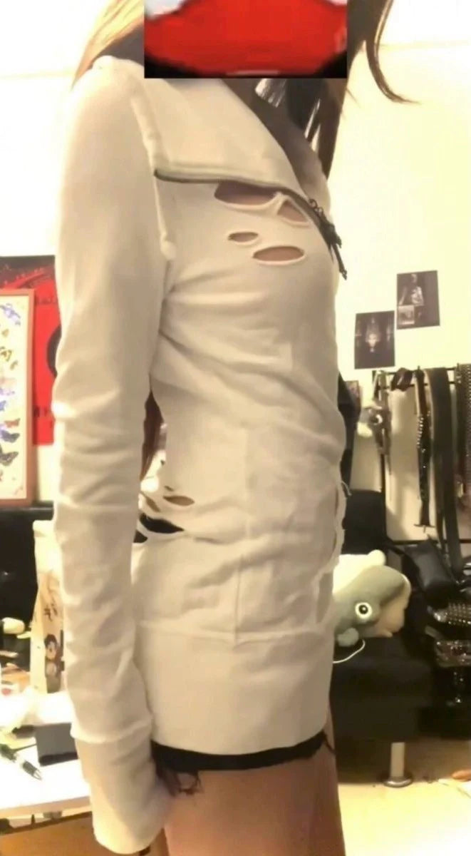 Distressed Zipper Hoodie Subculture Y2K Shibuya Girl Japanese Brand Retro Vintage Visual-Kei Slim Jacket