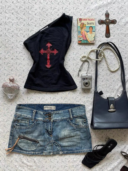 Black Subculture Y2K E-girl Shibuya Girl Retro Cross Print One-Shoulder Tank Top
