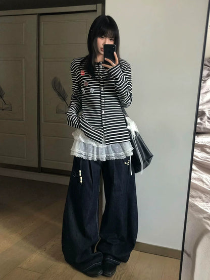 Vintage Black-White Stripe Knit Cardigan Y2K Loose Lazy Sweater