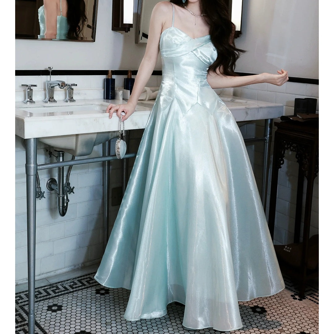 French Blue Spaghetti Strap Fitted Waist Flared Gown Dress