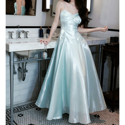 French Blue Spaghetti Strap Fitted Waist Flared Gown Dress
