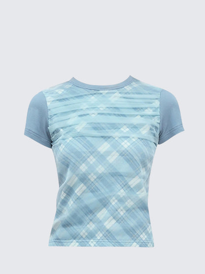 Short Sleeves Blue Plaid Ruffled Top