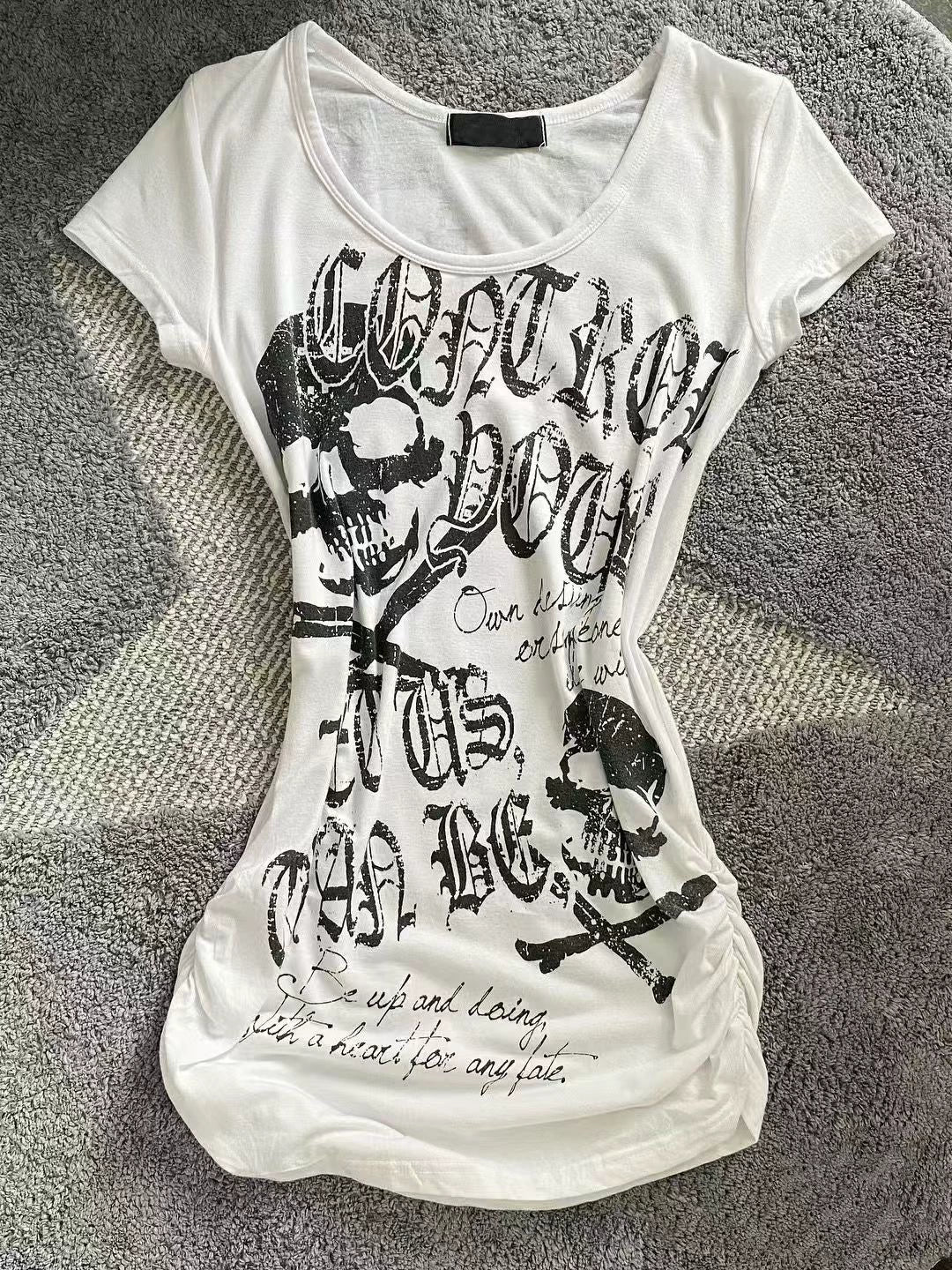 White Skull Print Lightweight Tee Y2K Top