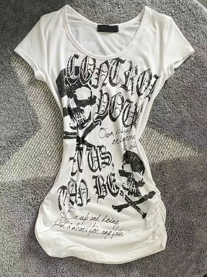 White Skull Print Lightweight Tee Y2K Top