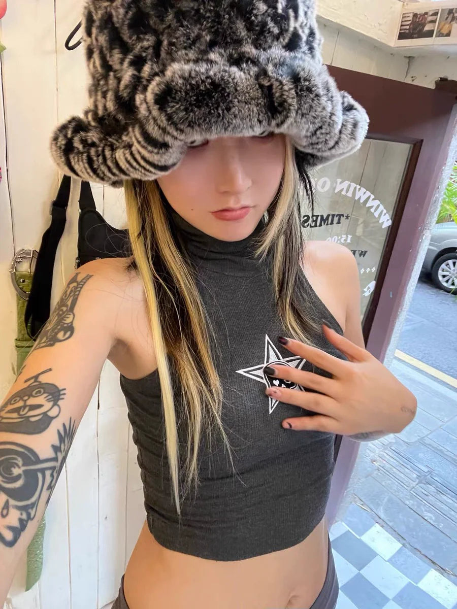 Gray Punk Skull Print Mock-Neck Slim Tank Top Y2K