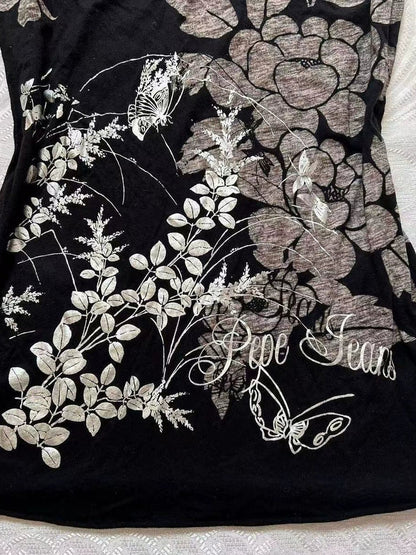 Black Subculture Y2K E-girl Abi American Retro Print Tie & Open-Back Short Sleeve Top