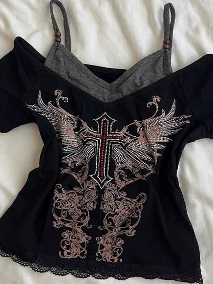 Black Fake Two-Piece Top Subculture Y2K E-girl Abi Vintage Cross Rhinestone Short Sleeve Top