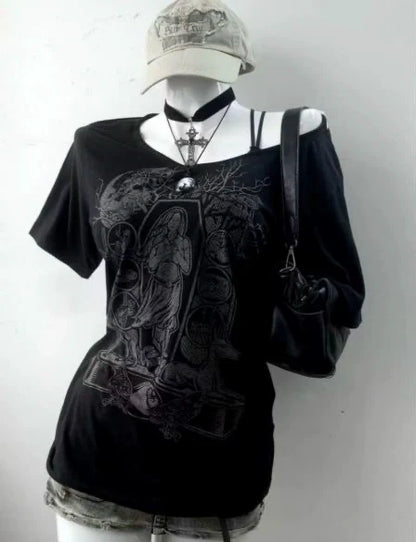 Black Punk Y2K E-girl American Retro Off-Shoulder Paneled Short Sleeve Top