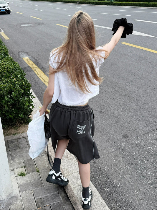 American Vintage Gray Sport Shorts Letter Print Relaxed Fit