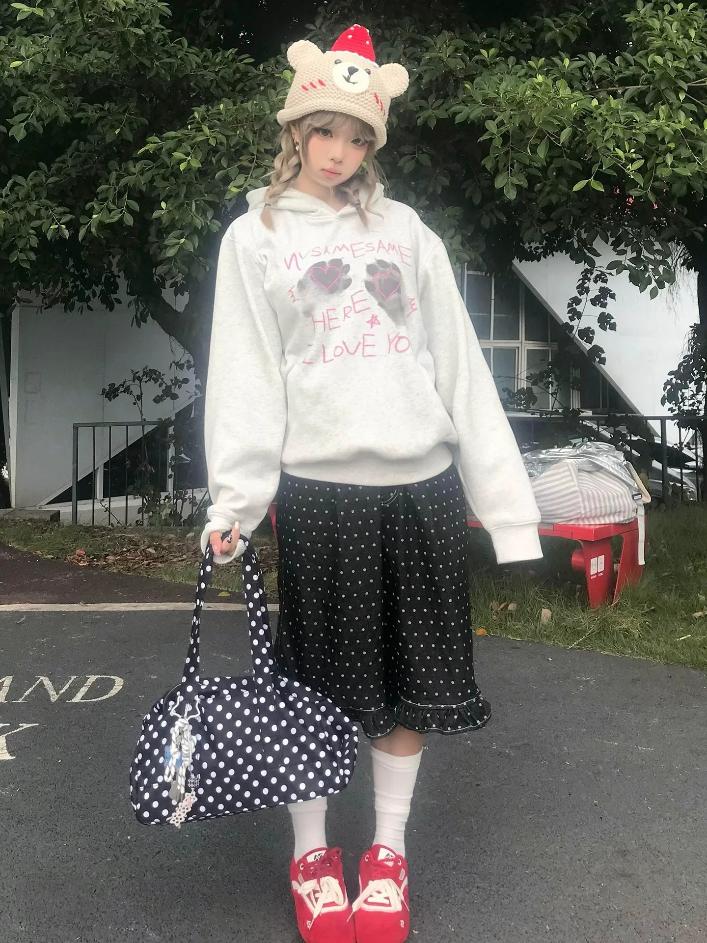 Cat Paw Letter Print Hoodie Loose Fit Unisex Top