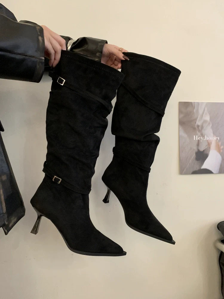 New Fall Winter French Knee High Boots Women Thin High Heel Winter Coat Friendly Knee High Fashion Maillard Boots