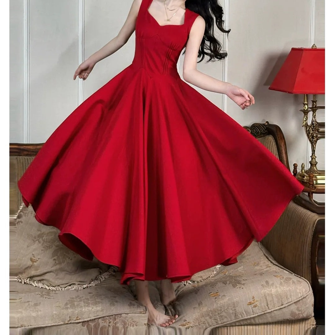 French V-Neck Red Sleeveless Ball Gown Dress