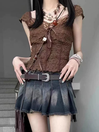 Brown Vintage Textured Lace Bow Panel Y2K T-Shirt