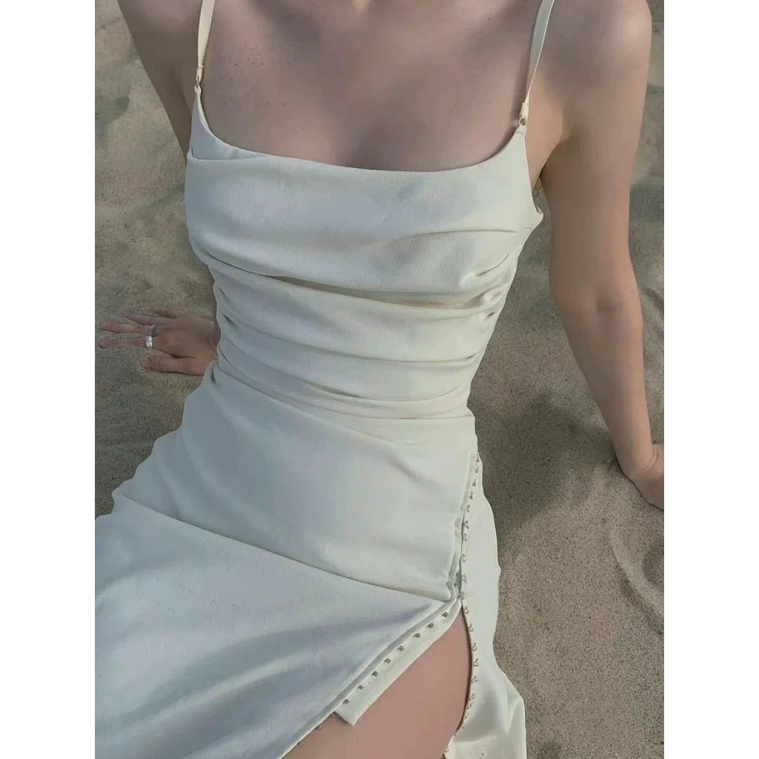 French Elegant White Spaghetti Strap Mini Gown Dress – Chic Open-Back Dress